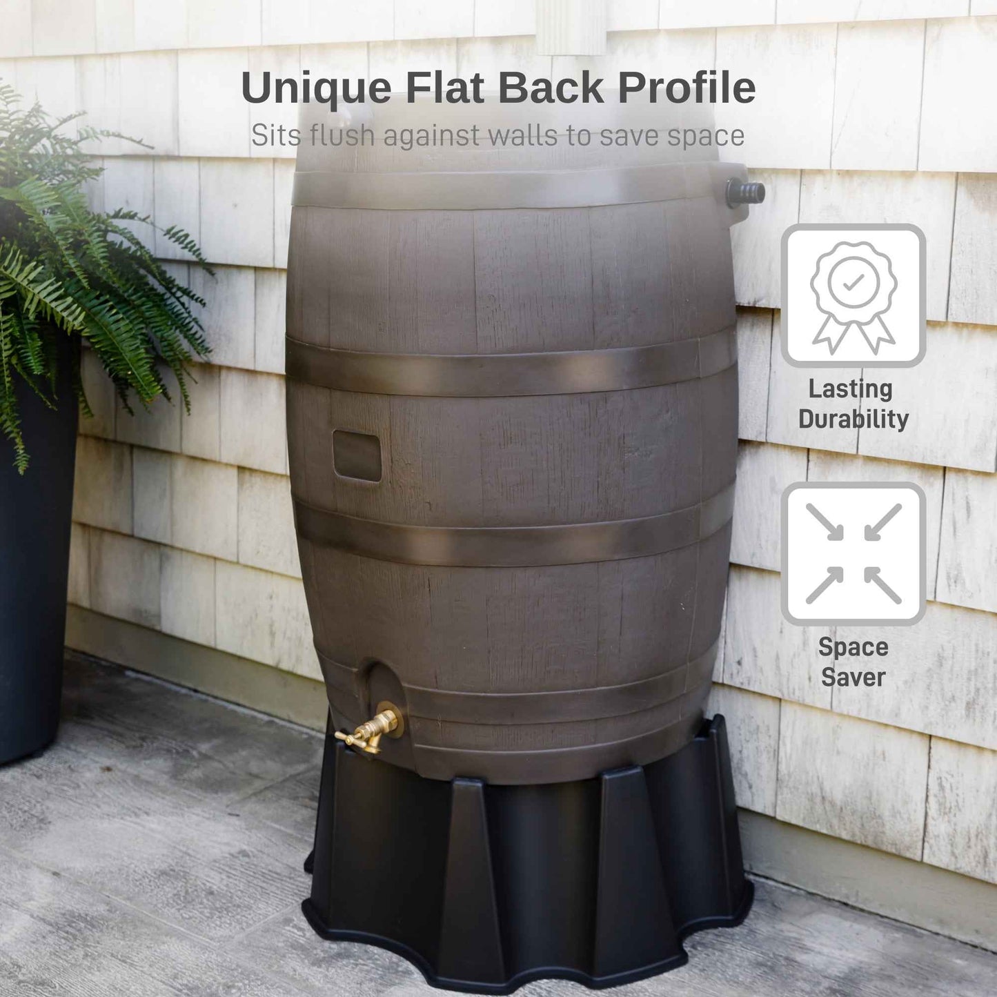 50 Gallon Flat Back Rain Barrel with Brass Spigot & Overflow Valve