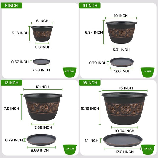4 Pack 16 inch Plant Pots, Retro Pattern Planters with Drainage Holes and Saucer, Sturdy Plastic Garden Flower Pots for Indoor & Outdoor Plants