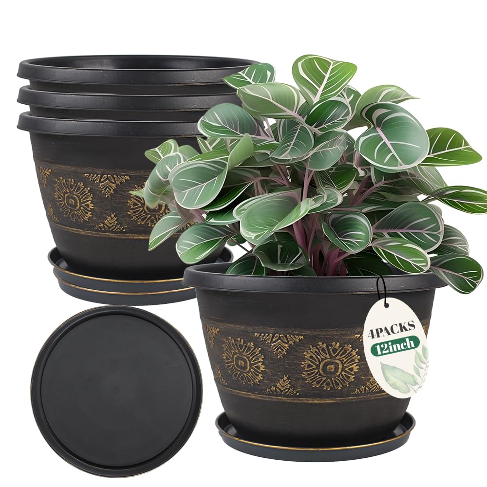 4 Pack 16 inch Plant Pots, Retro Pattern Planters with Drainage Holes and Saucer, Sturdy Plastic Garden Flower Pots for Indoor & Outdoor Plants