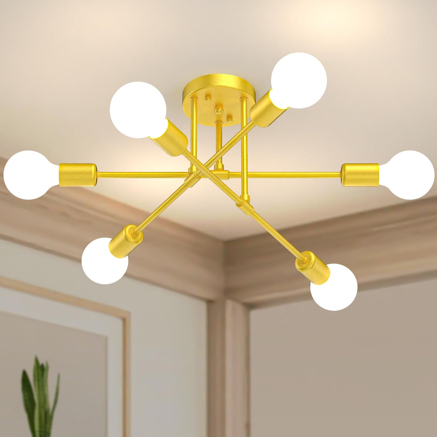 Modern Sputnik Chandelier Ceiling Light Fixtures, 8-Lights Mid Century Industrial Metal Semi Flush Mount for Dining Room, Bedroom, Living Room-Black