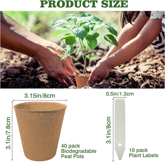 40Pcs 3.15 Inch Peat Pots, Biodegradable Eco-Friendly Round Plant Seedling Starters Kit, Seed Germination Trays with 10 Plant Labels for Flower Vegetable Tomato Saplings & Herb Seed Germination