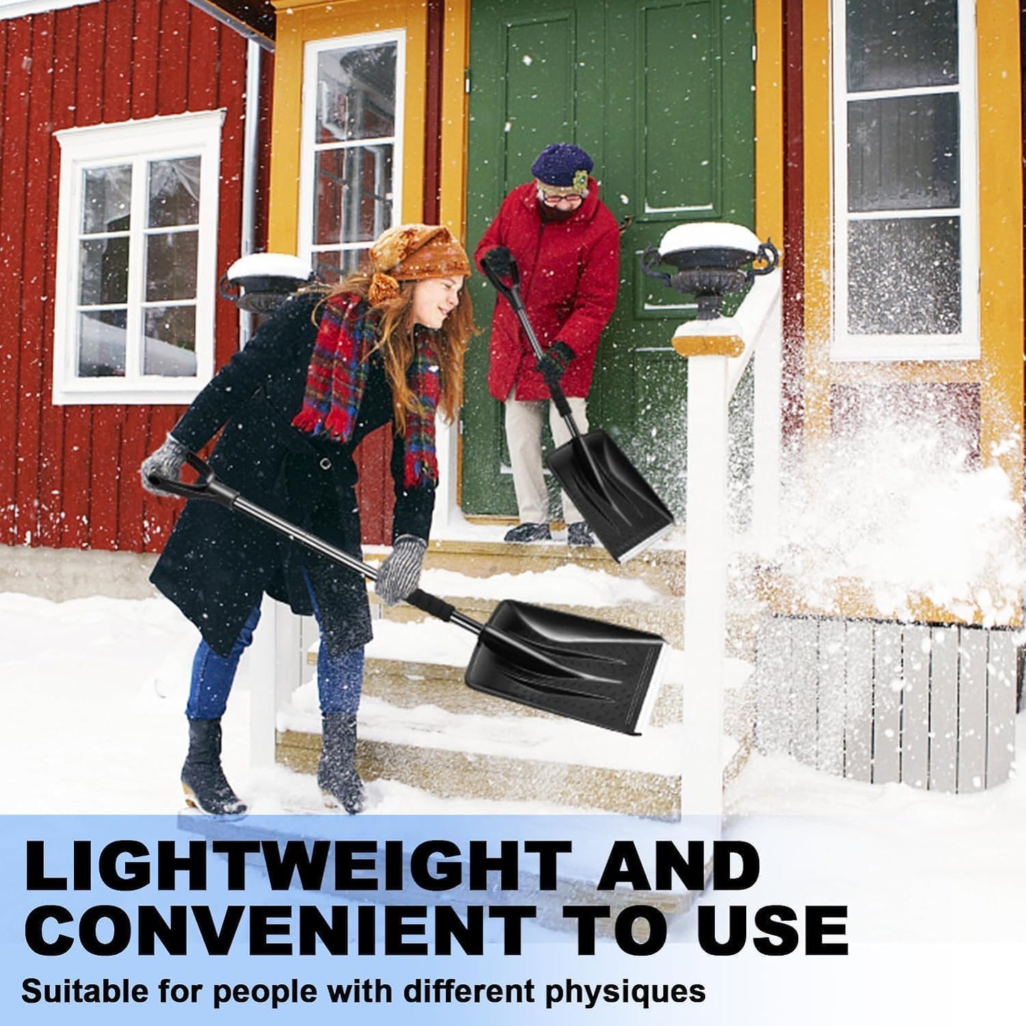 Snow Shovel, Upgrade Emergency Snow Shovel for Driveway with Aluminum Handle Large Capacity Lightweight and Adjustable Portable Survival Shovel for Home, Garden, Camping, Mud and Snowman(Black)