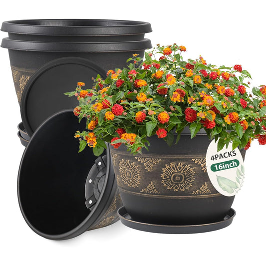 4 Pack 16 inch Plant Pots, Retro Pattern Planters with Drainage Holes and Saucer, Sturdy Plastic Garden Flower Pots for Indoor & Outdoor Plants