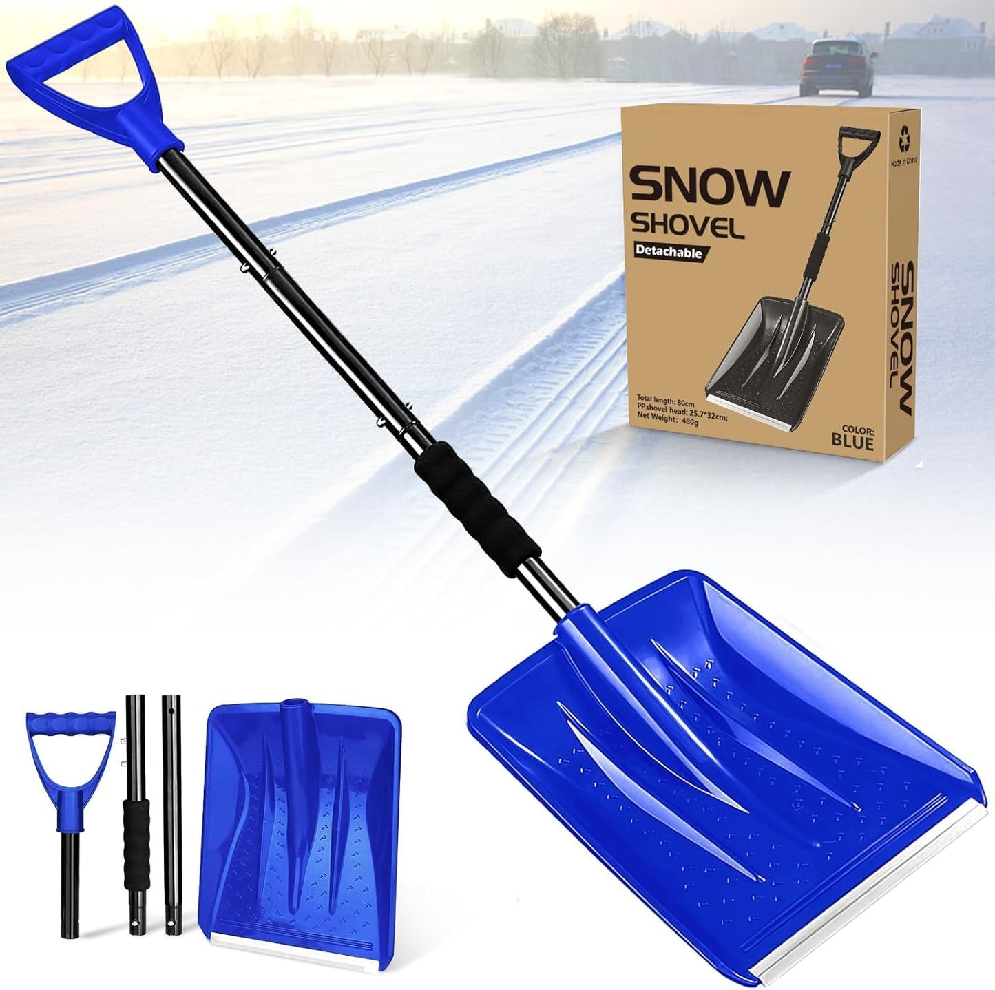 Snow Shovel, Upgrade Emergency Snow Shovel for Driveway with Aluminum Handle Large Capacity Lightweight and Adjustable Portable Survival Shovel for Home, Garden, Camping, Mud and Snowman(Black)