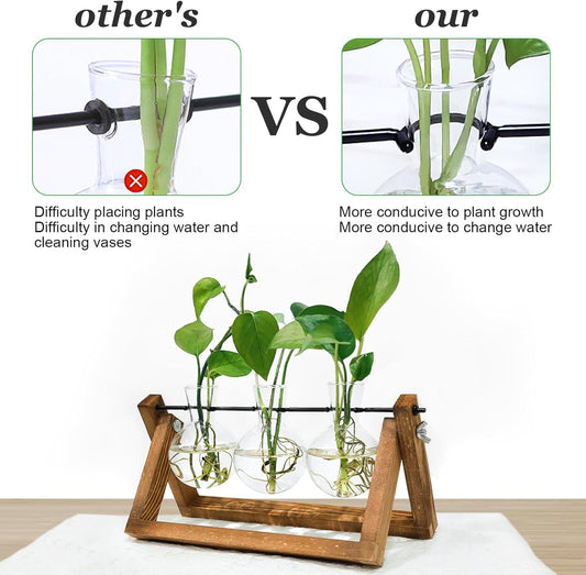 Plant Propagation Station, Plant Terrarium with Wooden Stand, Unique Gardening Birthday Gifts for Women Plants Lovers, Home Office Garden Decor Planter - 3 Bulb Glass Vases