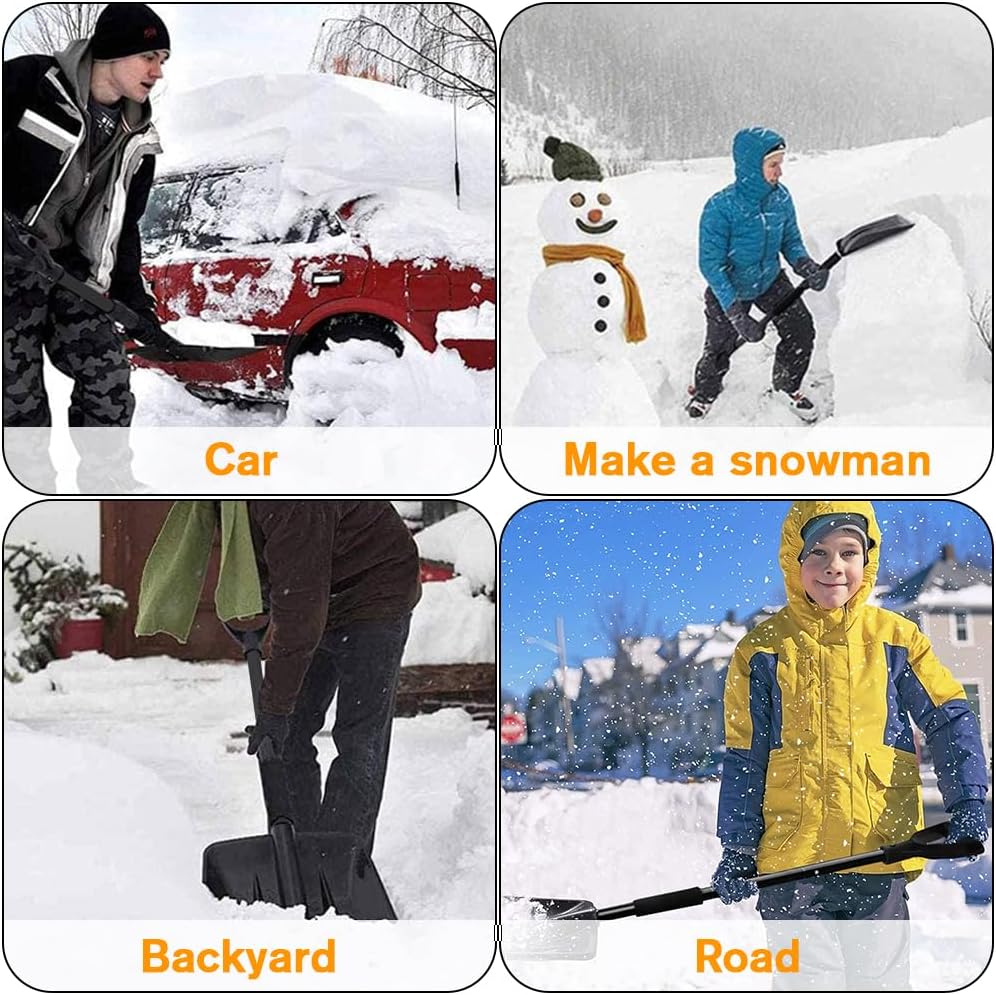Snow Shovel, Upgrade Emergency Snow Shovel for Driveway with Aluminum Handle Large Capacity Lightweight and Adjustable Portable Survival Shovel for Home, Garden, Camping, Mud and Snowman(Black)