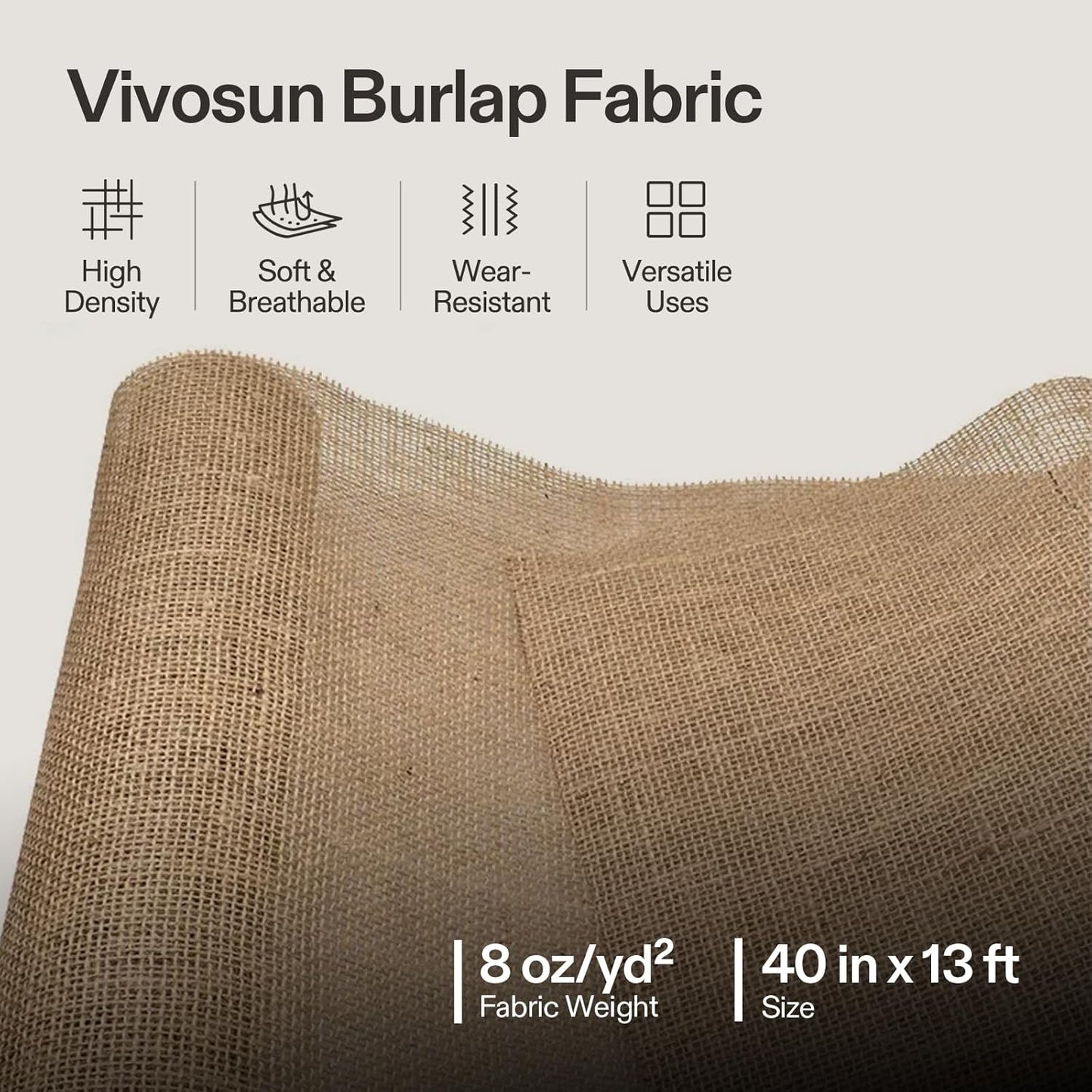 40 in X 13 Ft Burlap Fabric, High Density Natural Jute Fiber, Multipurpose Burlap for Gardening, Outdoor Plant Care, Weed Barrier, DIY Crafts, and Decoration