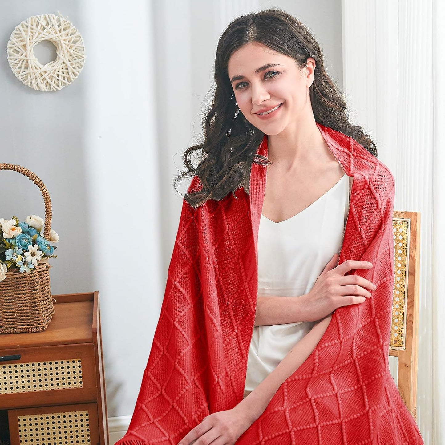 Cable Knit Throw with Tassel-Red