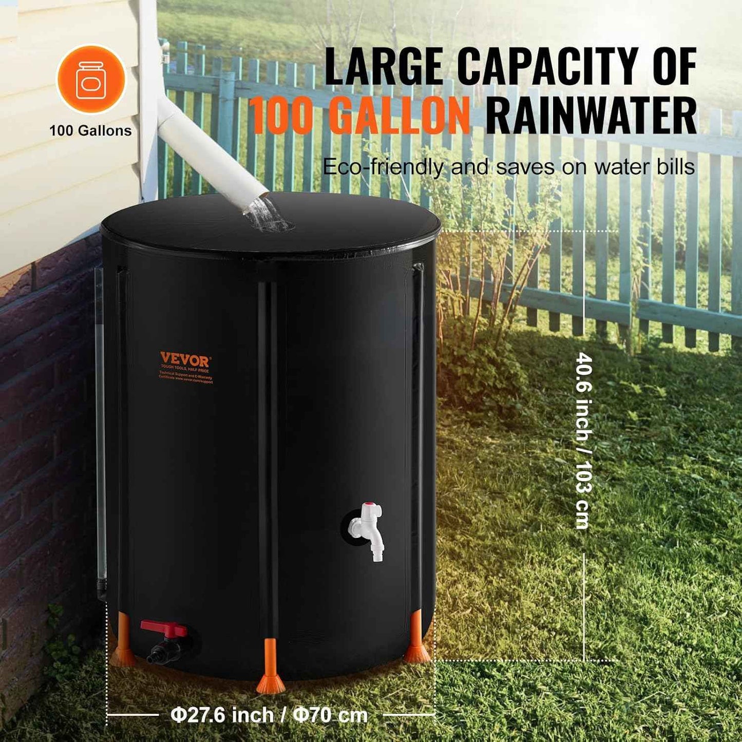 Foldable 100 Gallon Rain Barrel with Water Level Indicator, & Easy-drain Faucet