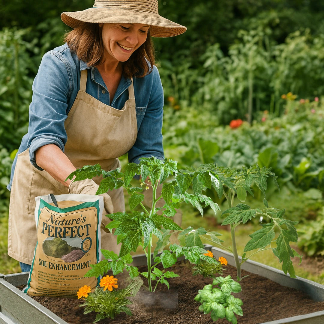 A woman using Natures Perfect Organic Soil Enhancer
