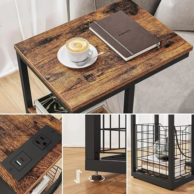 Upgraded C Shaped End Table with Charging Ports and Organizer