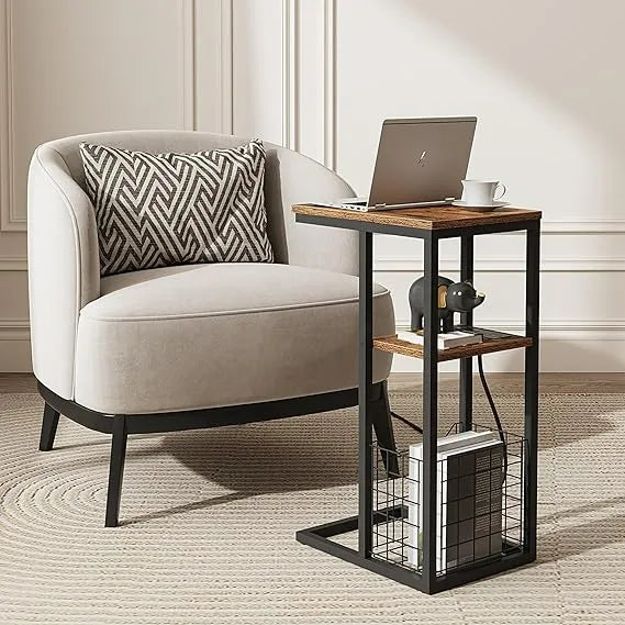 Upgraded C Shaped End Table with Charging Ports and Organizer