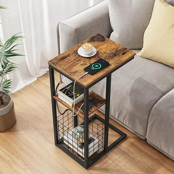 Upgraded C Shaped End Table with Charging Ports and Organizer