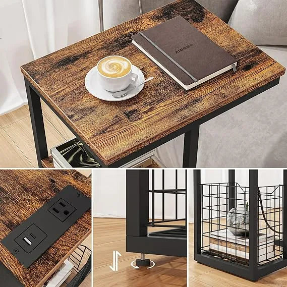 Upgraded C Shaped End Table with Charging Ports and Organizer