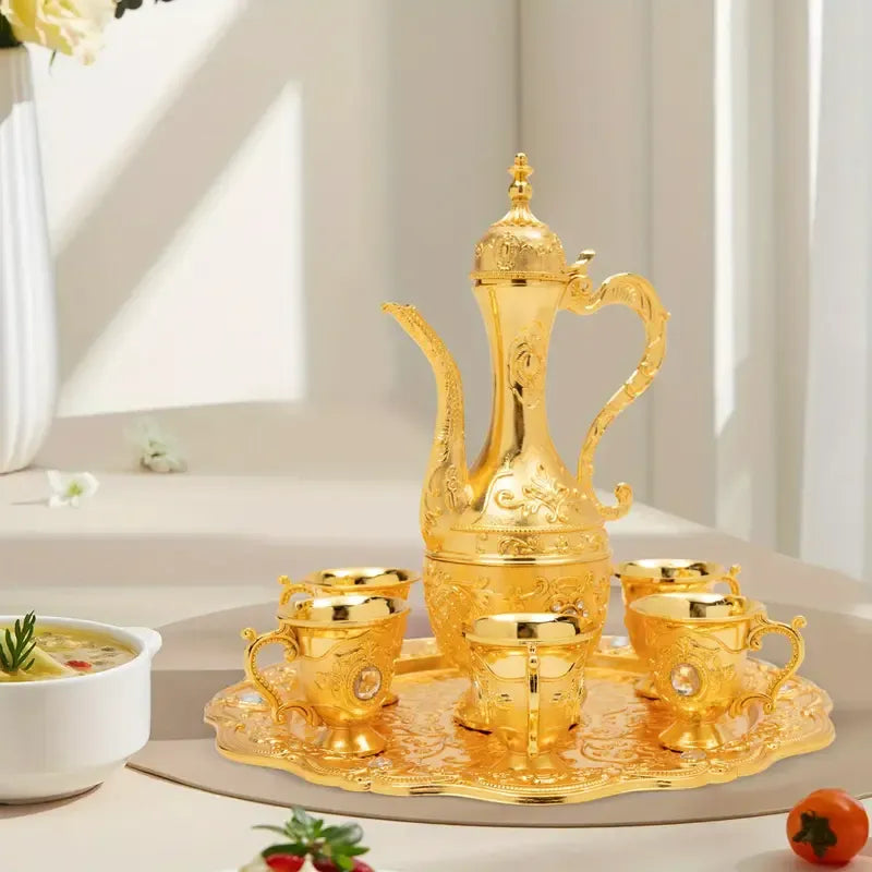 Vintage Metal Turkish Tea Pot Set, Gold, Red, White & Silver