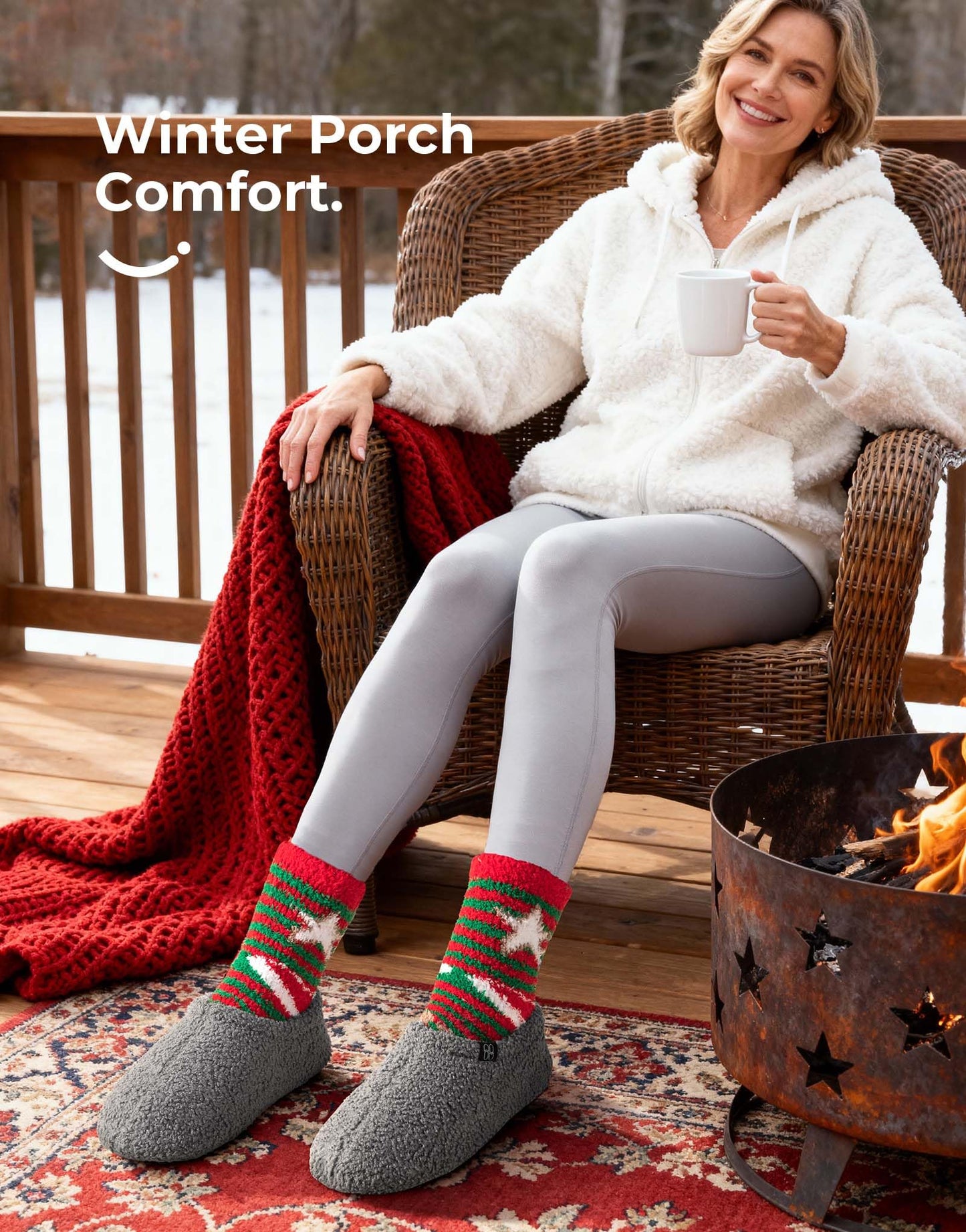 Woman Wearing Faux Fur Slippers for Women