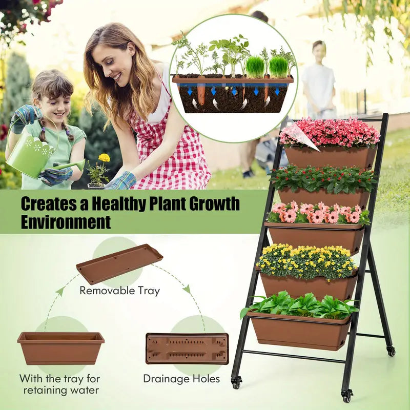 Tiered Planter Boxes with Wheels | 5-Tier Elevated Planter with Container Boxes