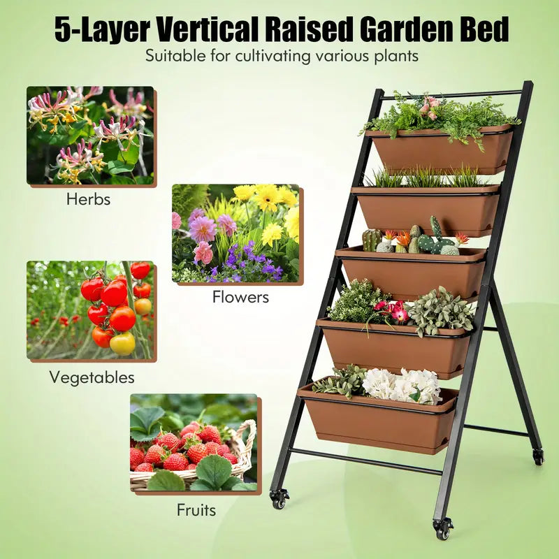 Tiered Planter Boxes with Wheels | 5-Tier Elevated Planter with Container Boxes