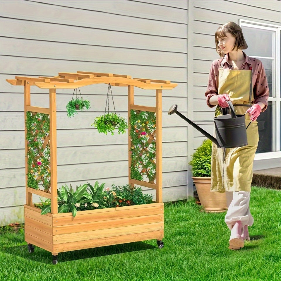 Cedar Wood Raised Garden Bed with Trellis and Wheels