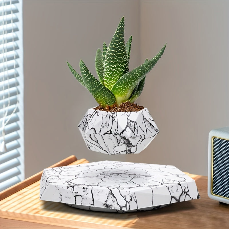 Levitating Planter Pot, Black, Wooden and Marble