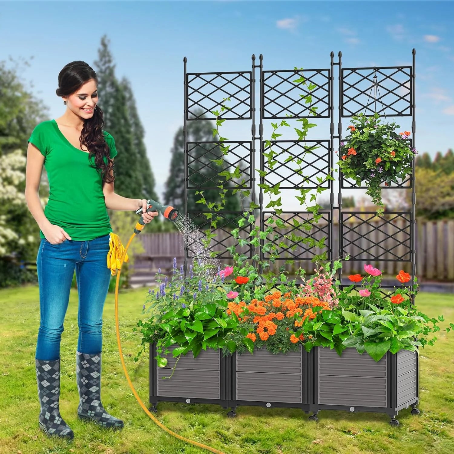 3 Planter Box with Wheels and Trellis