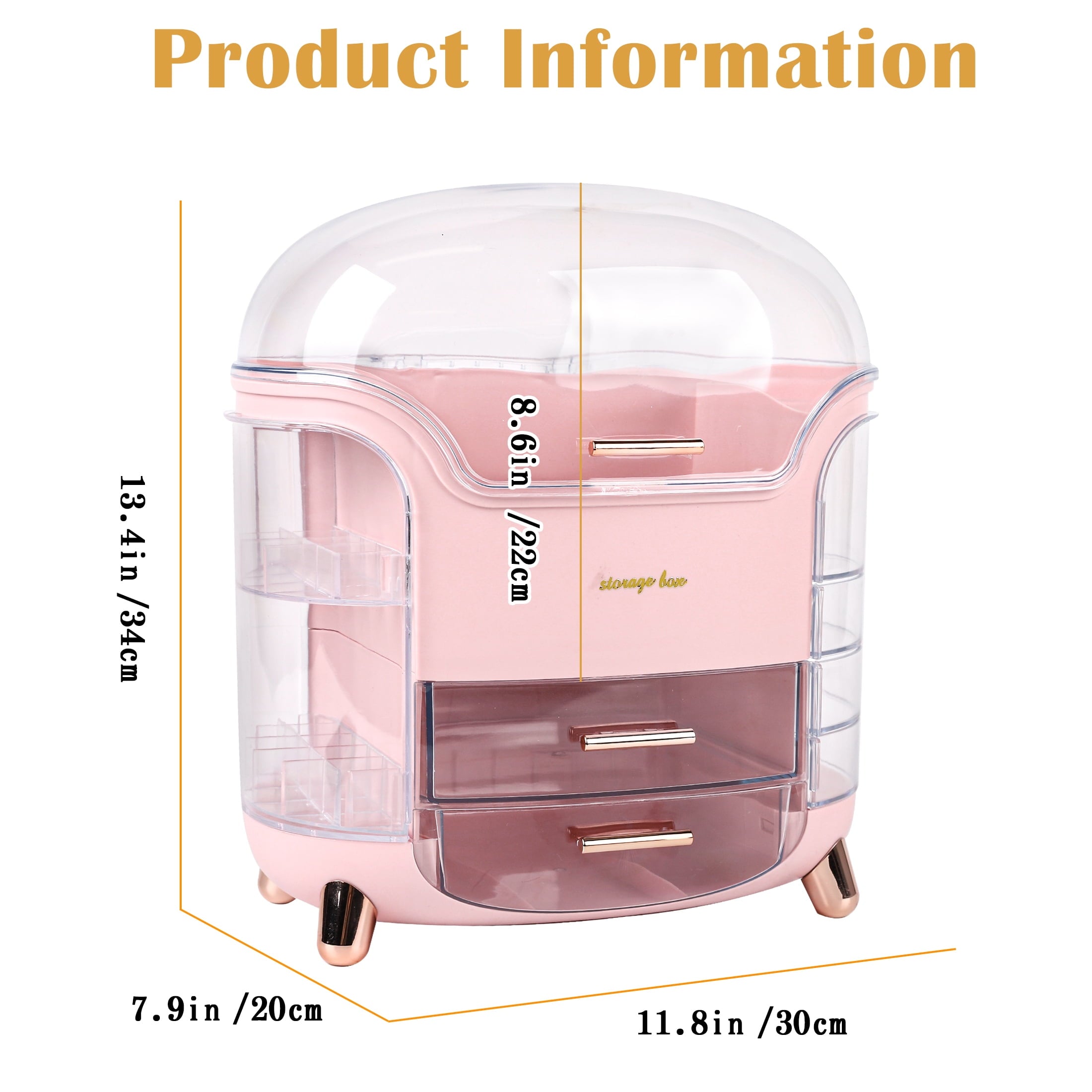 Rotating Makeup Organizer, Waterproof& Dustproof Cosmetic Organizer Box with Lid, Large Capacity Vanity Storage, Makeup Display Boxes for Bathroom Countertop, Bedroom, Dresser,Pink