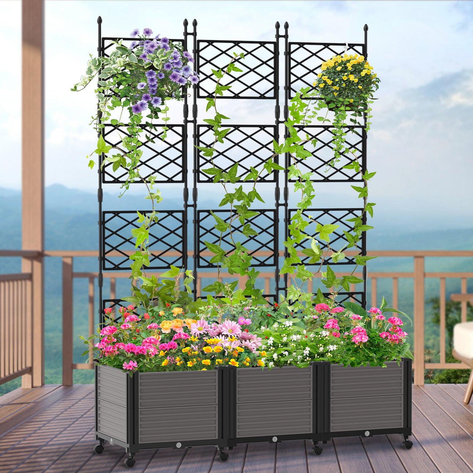 3 Planter Box with Wheels and Trellis