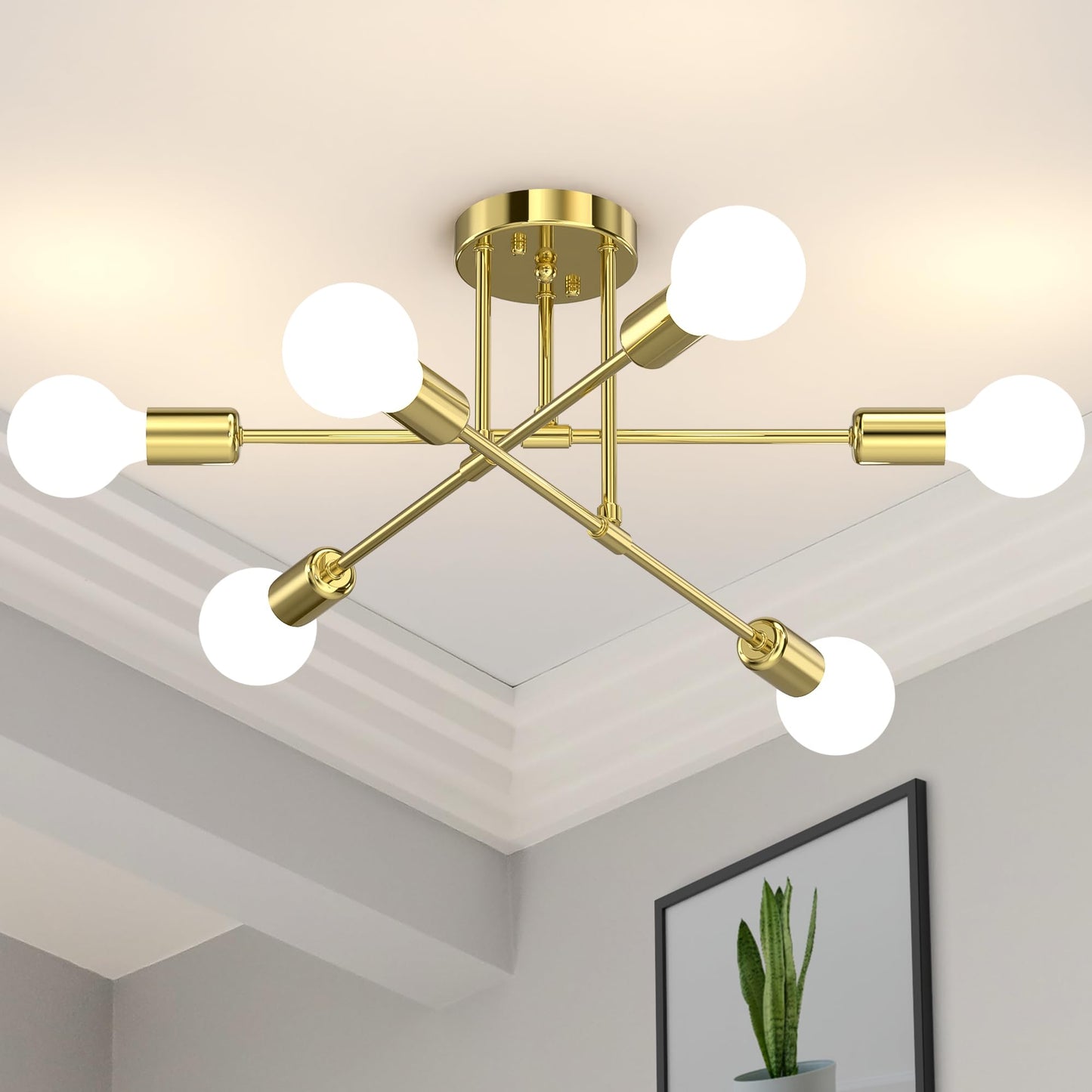 Modern Sputnik Chandelier Ceiling Light Fixtures, 8-Lights Mid Century Industrial Metal Semi Flush Mount for Dining Room, Bedroom, Living Room-Black