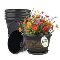 4 Pack 16 inch Plant Pots, Retro Pattern Planters with Drainage Holes and Saucer, Sturdy Plastic Garden Flower Pots for Indoor & Outdoor Plants