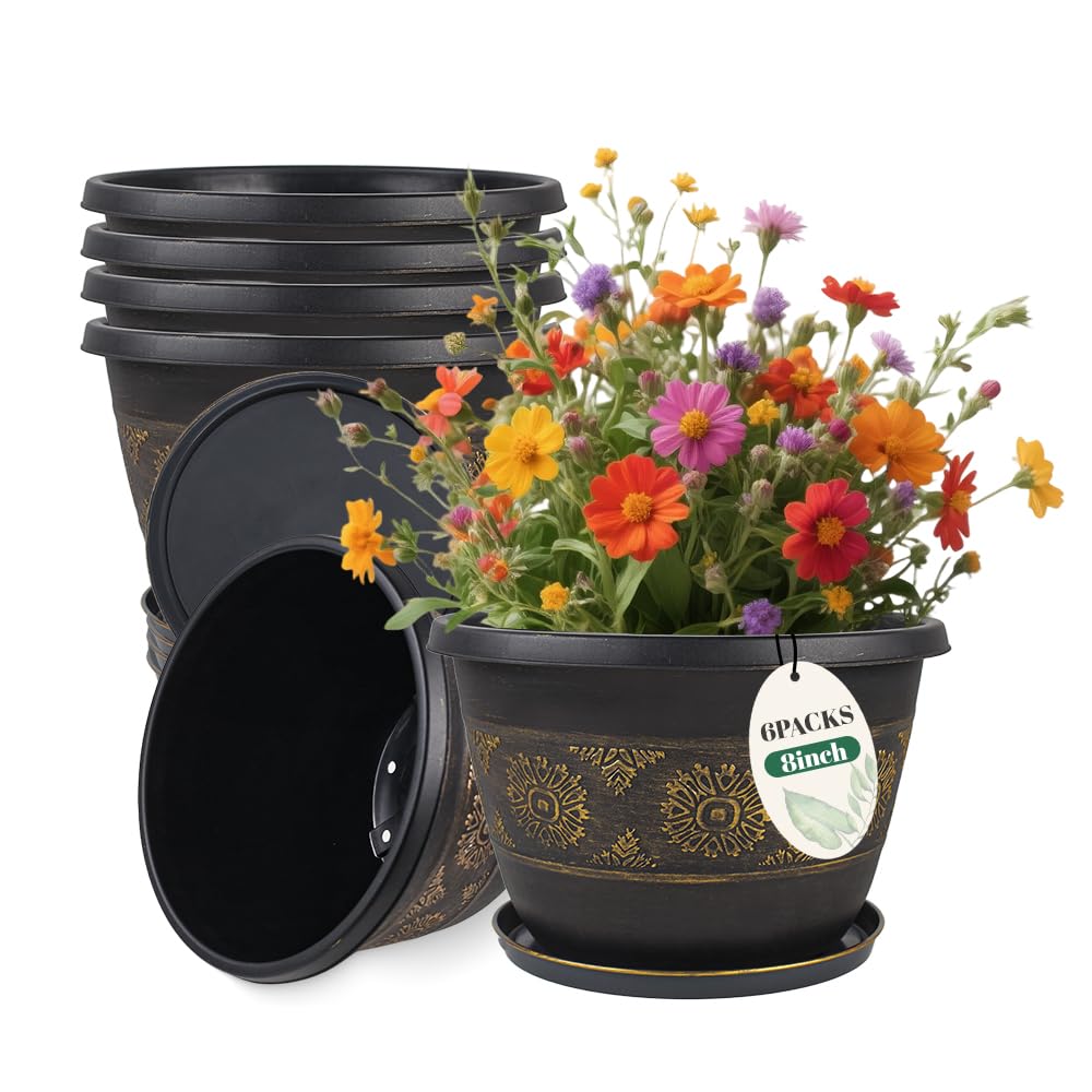 4 Pack 16 inch Plant Pots, Retro Pattern Planters with Drainage Holes and Saucer, Sturdy Plastic Garden Flower Pots for Indoor & Outdoor Plants