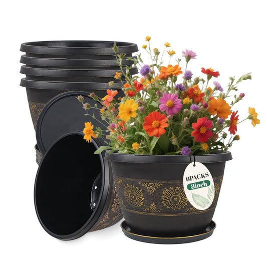 4 Pack 16 inch Plant Pots, Retro Pattern Planters with Drainage Holes and Saucer, Sturdy Plastic Garden Flower Pots for Indoor & Outdoor Plants