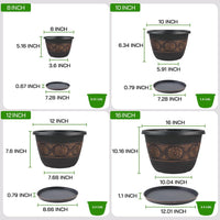 4 Pack 16 inch Plant Pots, Retro Pattern Planters with Drainage Holes and Saucer, Sturdy Plastic Garden Flower Pots for Indoor & Outdoor Plants
