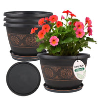 4 Pack 16 inch Plant Pots, Retro Pattern Planters with Drainage Holes and Saucer, Sturdy Plastic Garden Flower Pots for Indoor & Outdoor Plants