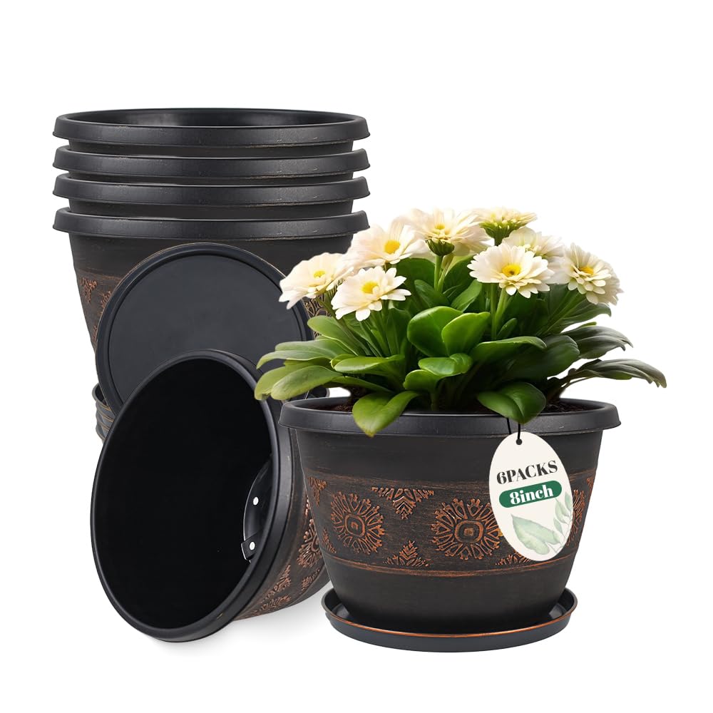 4 Pack 16 inch Plant Pots, Retro Pattern Planters with Drainage Holes and Saucer, Sturdy Plastic Garden Flower Pots for Indoor & Outdoor Plants