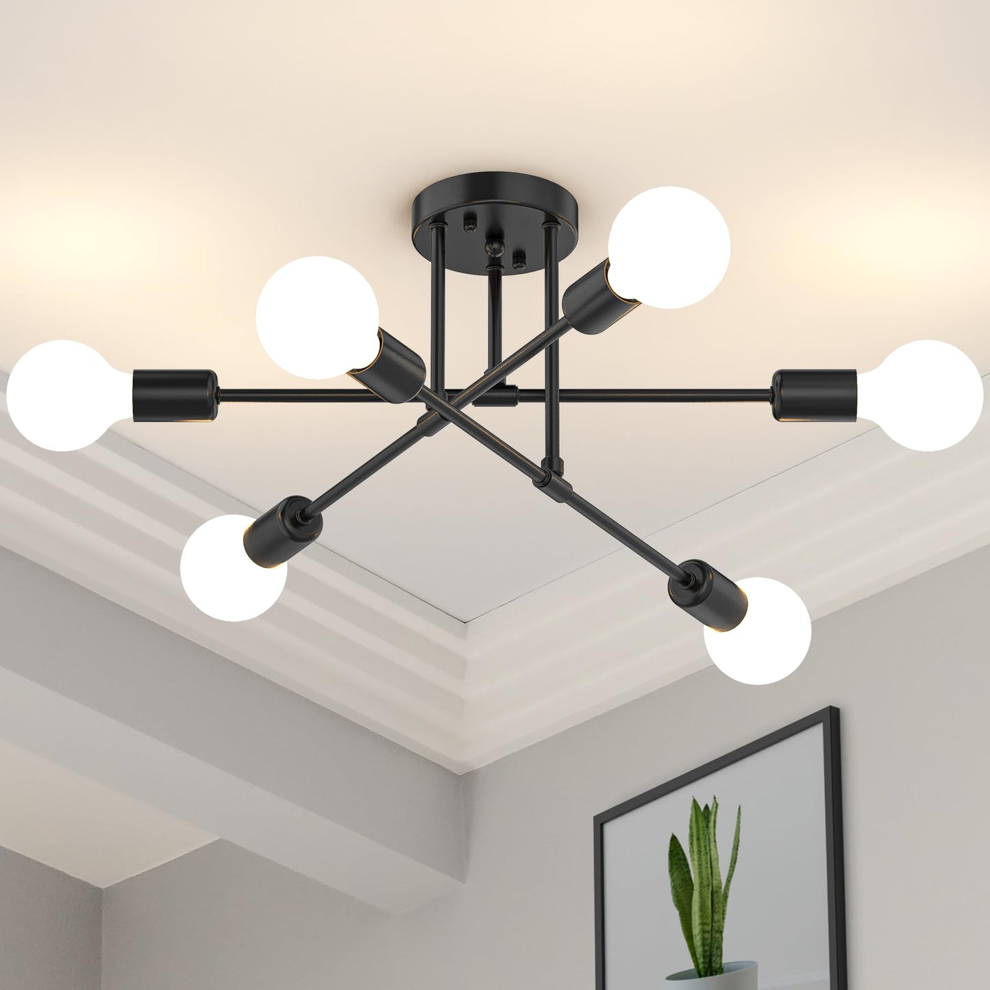 Modern Sputnik Chandelier Ceiling Light Fixtures, 8-Lights Mid Century Industrial Metal Semi Flush Mount for Dining Room, Bedroom, Living Room-Black