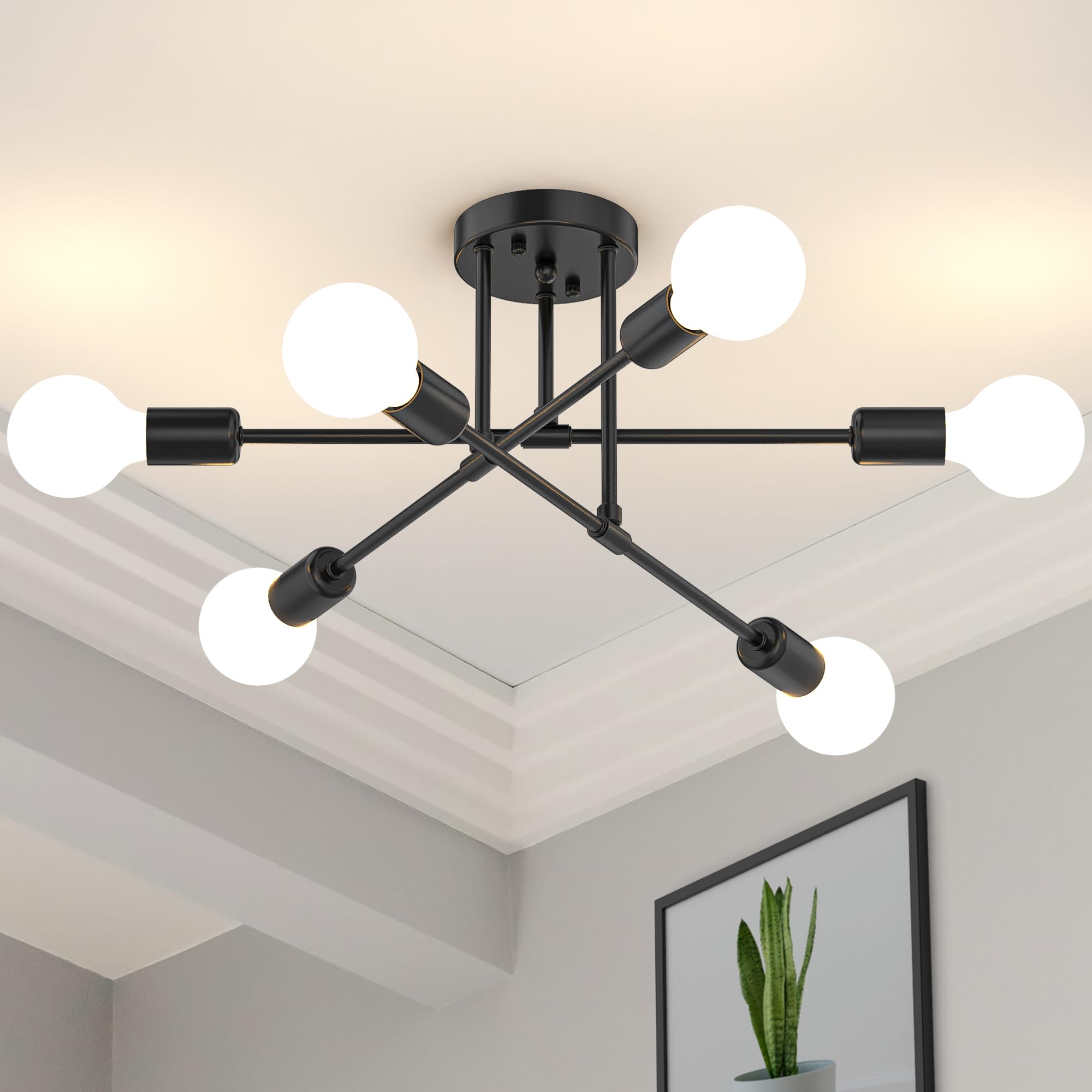 Modern Sputnik Chandelier Ceiling Light Fixtures, 8-Lights Mid Century Industrial Metal Semi Flush Mount for Dining Room, Bedroom, Living Room-Black