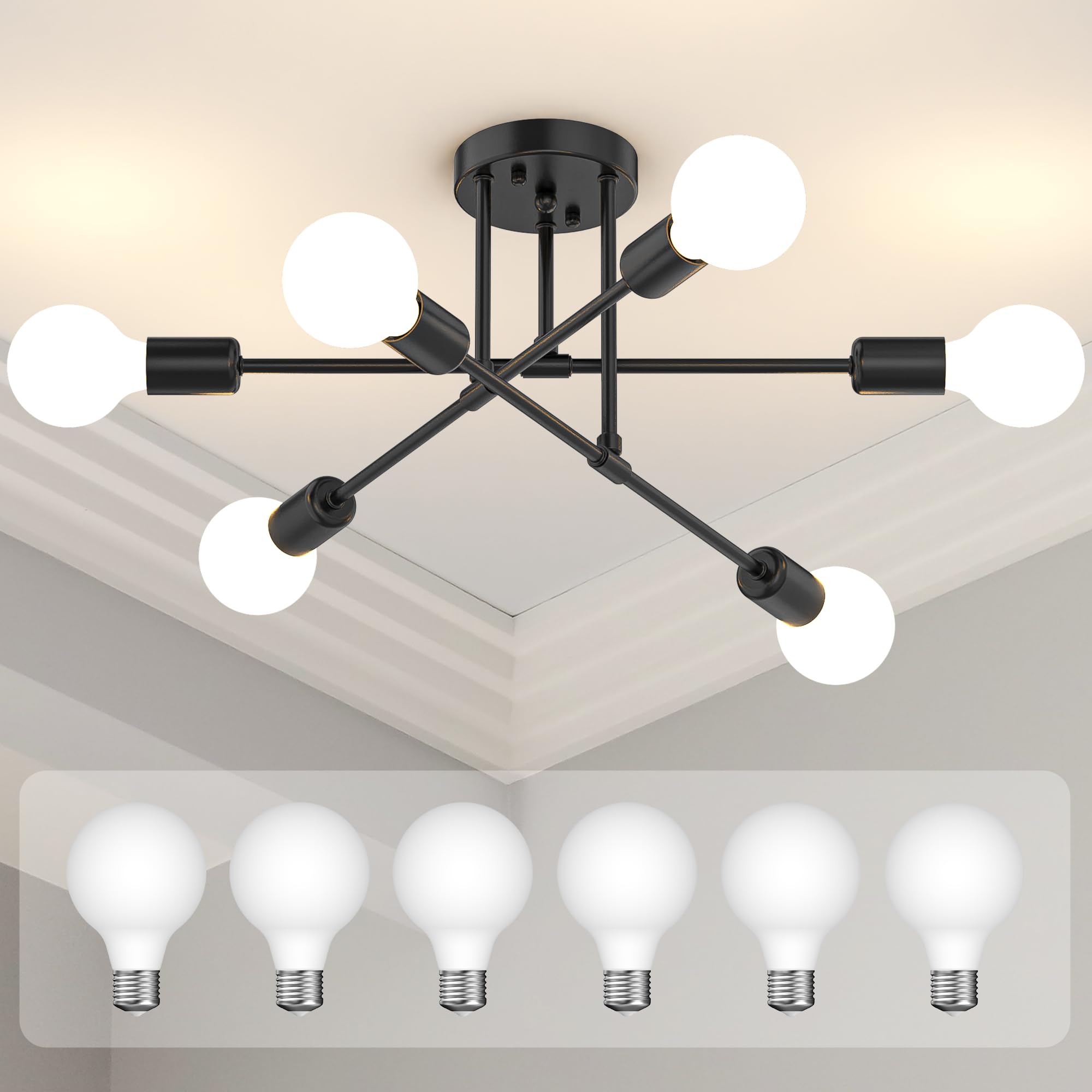 Modern Sputnik Chandelier Ceiling Light Fixtures, 8-Lights Mid Century Industrial Metal Semi Flush Mount for Dining Room, Bedroom, Living Room-Black