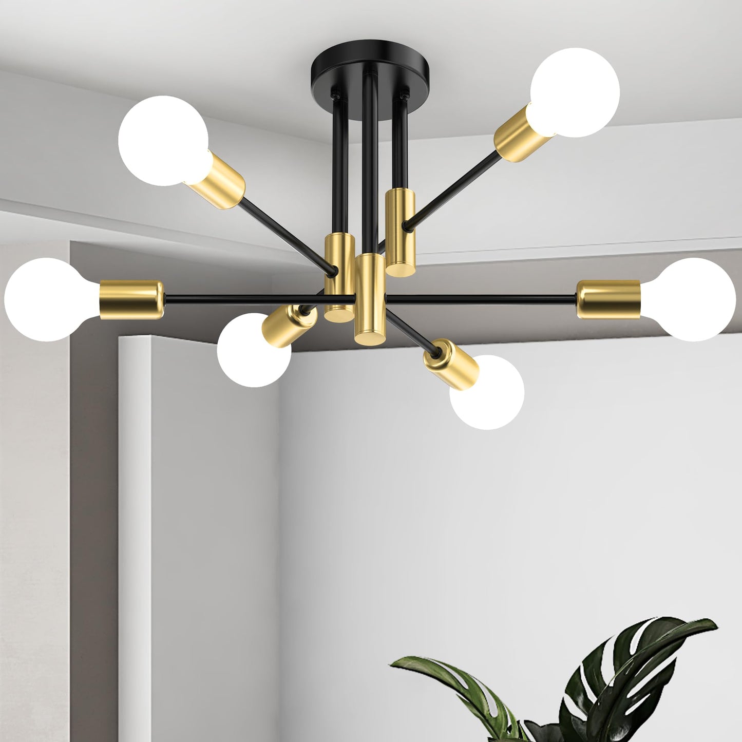 Modern Sputnik Chandelier Ceiling Light Fixtures, 8-Lights Mid Century Industrial Metal Semi Flush Mount for Dining Room, Bedroom, Living Room-Black