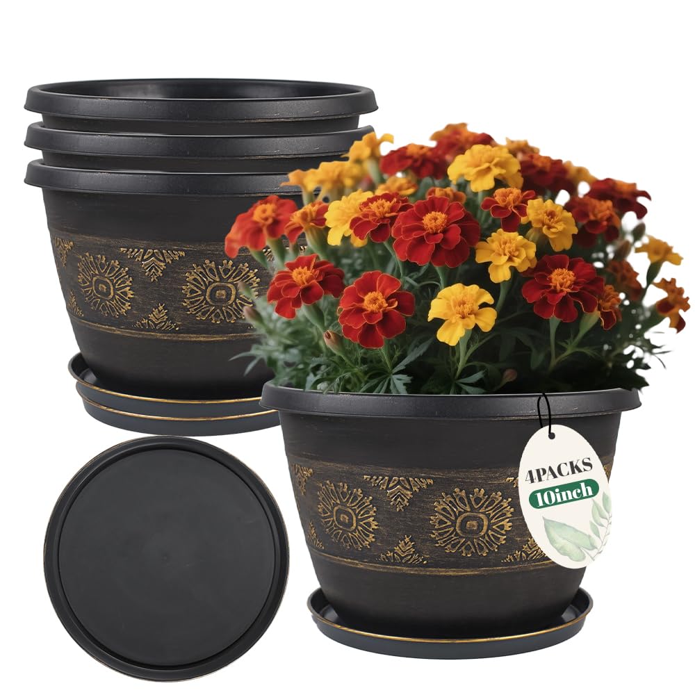 4 Pack 16 inch Plant Pots, Retro Pattern Planters with Drainage Holes and Saucer, Sturdy Plastic Garden Flower Pots for Indoor & Outdoor Plants