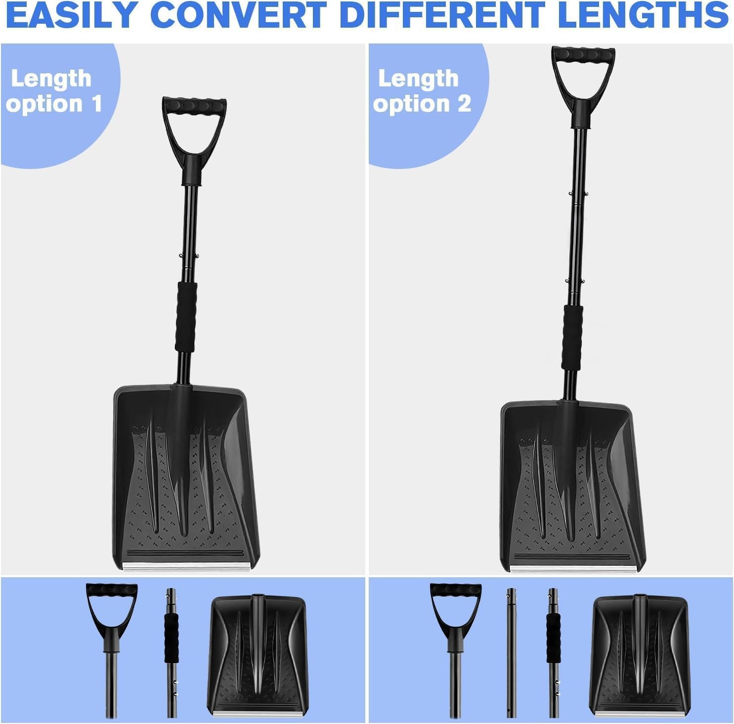 Snow Shovel, Upgrade Emergency Snow Shovel for Driveway with Aluminum Handle Large Capacity Lightweight and Adjustable Portable Survival Shovel for Home, Garden, Camping, Mud and Snowman(Black)