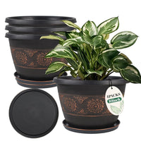4 Pack 16 inch Plant Pots, Retro Pattern Planters with Drainage Holes and Saucer, Sturdy Plastic Garden Flower Pots for Indoor & Outdoor Plants