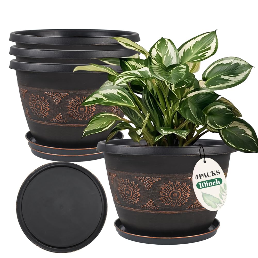 4 Pack 16 inch Plant Pots, Retro Pattern Planters with Drainage Holes and Saucer, Sturdy Plastic Garden Flower Pots for Indoor & Outdoor Plants