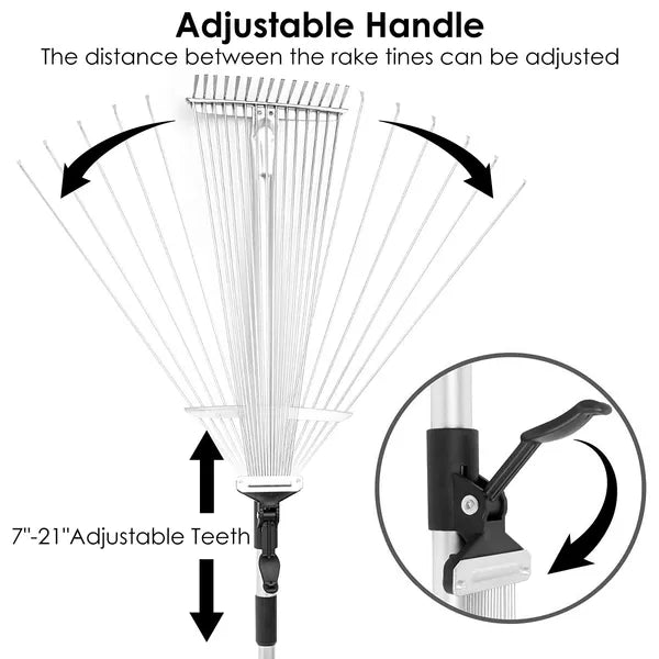 15 Tines Adjustable Leaf Rake with Telescoping Handle