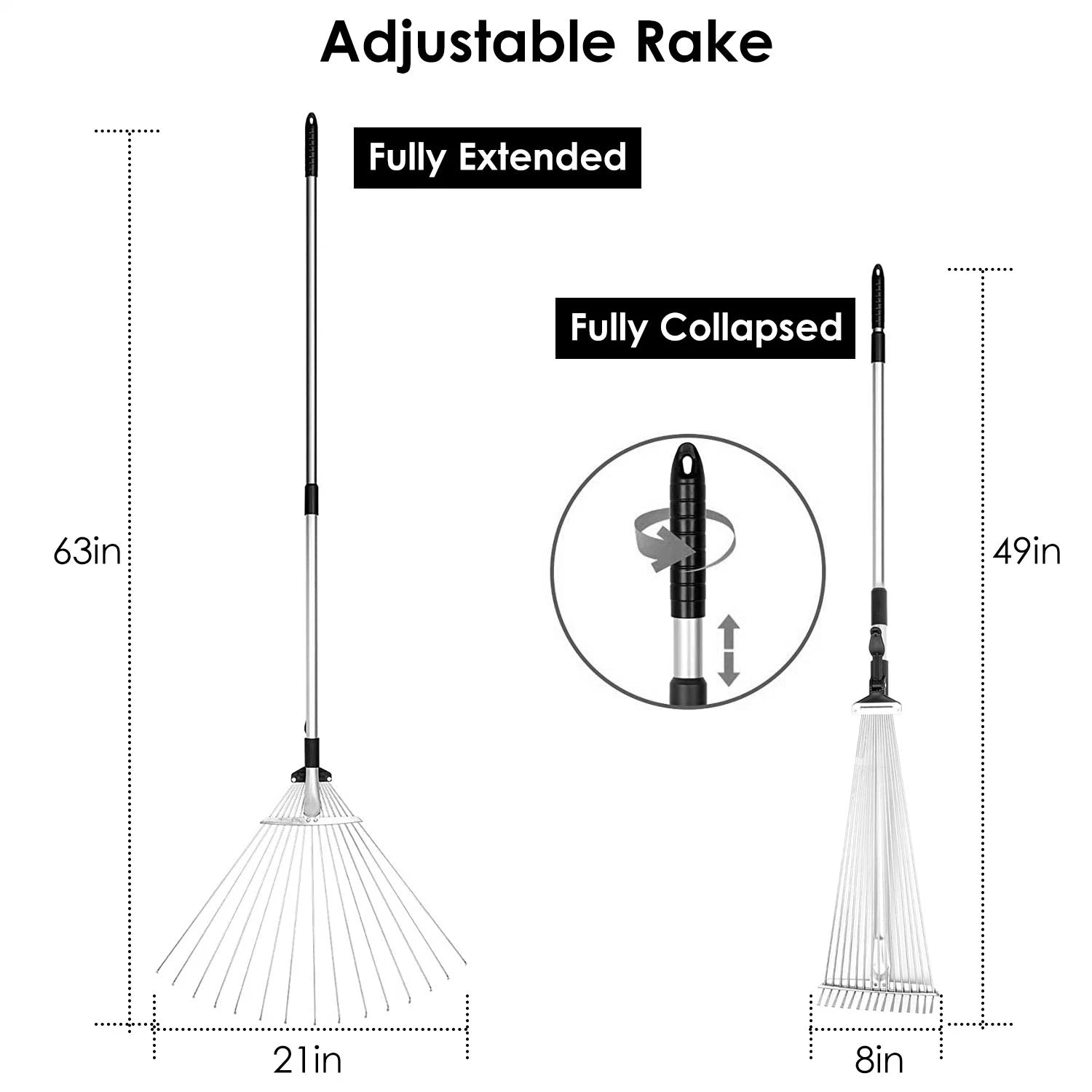 15 Tines Adjustable Leaf Rake with Telescoping Handle