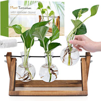 Plant Propagation Station, Plant Terrarium with Wooden Stand, Unique Gardening Birthday Gifts for Women Plants Lovers, Home Office Garden Decor Planter - 3 Bulb Glass Vases