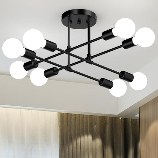 Modern Sputnik Chandelier Ceiling Light Fixtures, 8-Lights Mid Century Industrial Metal Semi Flush Mount for Dining Room, Bedroom, Living Room-Black