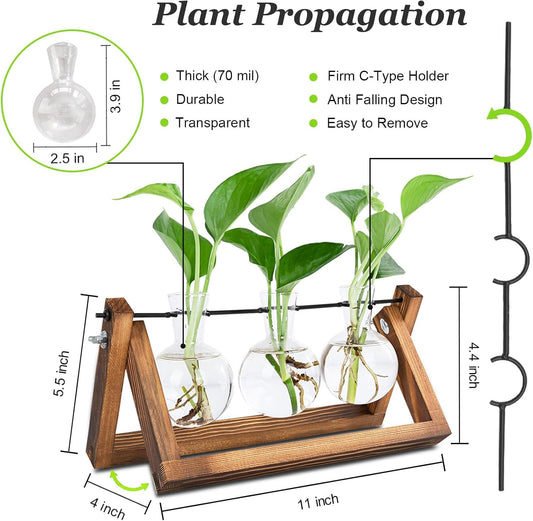Plant Propagation Station, Plant Terrarium with Wooden Stand, Unique Gardening Birthday Gifts for Women Plants Lovers, Home Office Garden Decor Planter - 3 Bulb Glass Vases