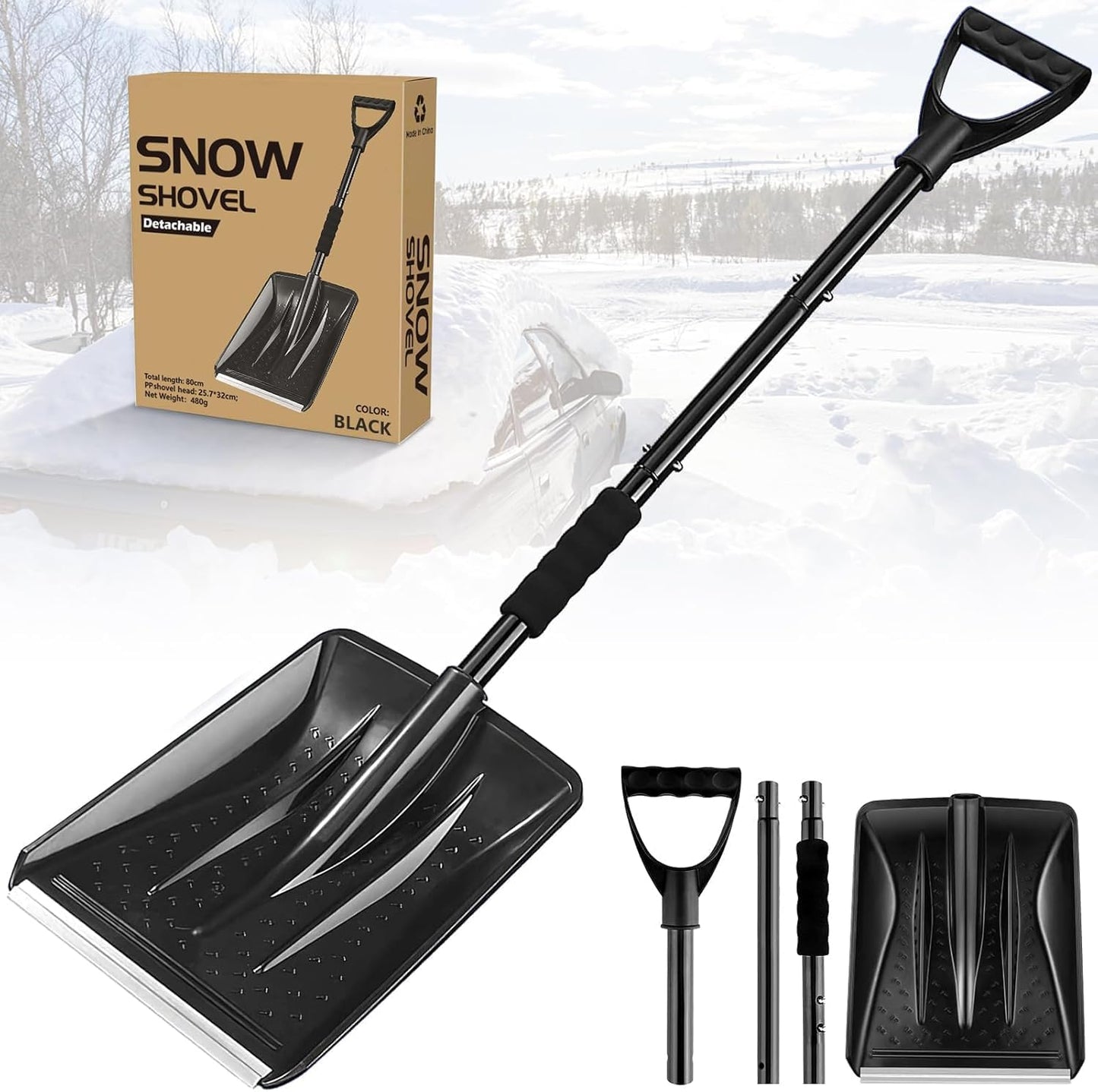 Snow Shovel, Upgrade Emergency Snow Shovel for Driveway with Aluminum Handle Large Capacity Lightweight and Adjustable Portable Survival Shovel for Home, Garden, Camping, Mud and Snowman(Black)