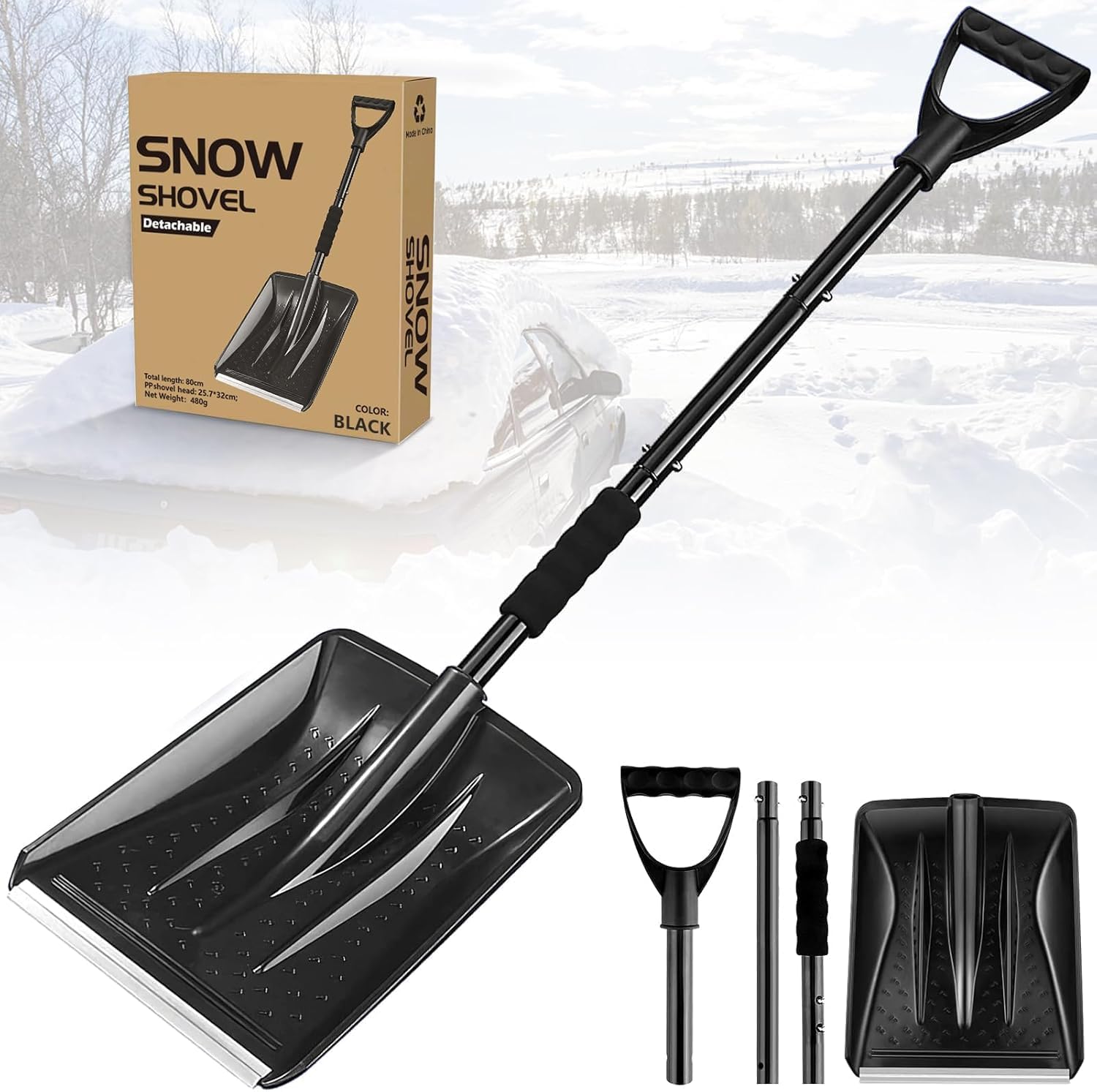 Snow Shovel, Upgrade Emergency Snow Shovel for Driveway with Aluminum Handle Large Capacity Lightweight and Adjustable Portable Survival Shovel for Home, Garden, Camping, Mud and Snowman(Black)