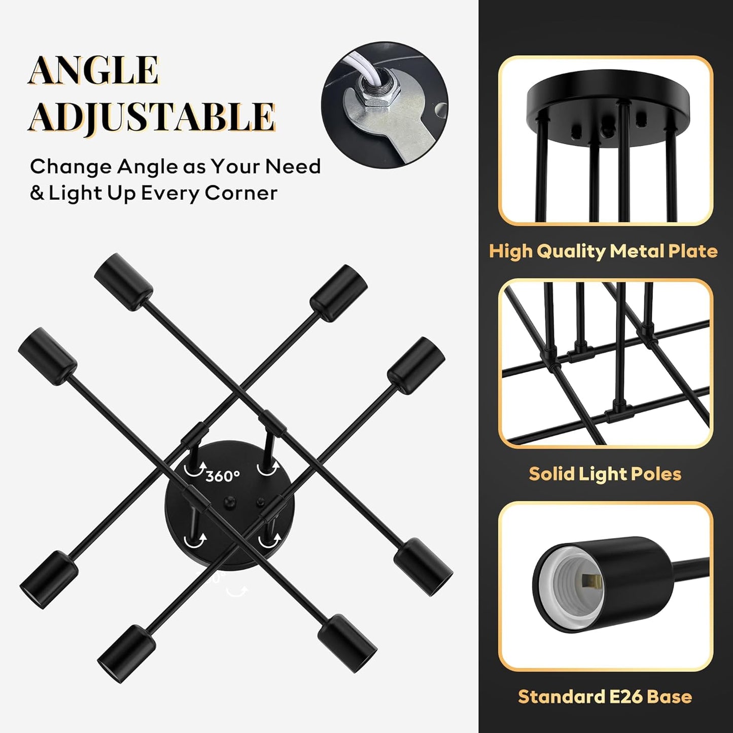 Modern Sputnik Chandelier Ceiling Light Fixtures, 8-Lights Mid Century Industrial Metal Semi Flush Mount for Dining Room, Bedroom, Living Room-Black